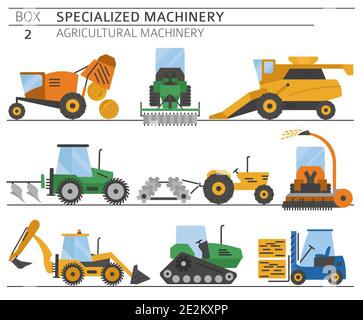 Special agricultural machinery colored vector icon set isolated on ...