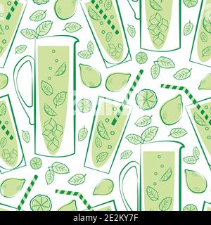 Mint lemonade glass vector seamless pattern background. Retro green white backdrop with line art style pitcher, drinks glasses, straws, lemons, limes Stock Vector
