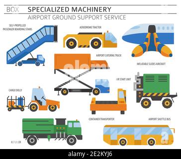 Special machinery collection. Airport ground support service coloured vector icon set isolated on white. Illustration Stock Vector