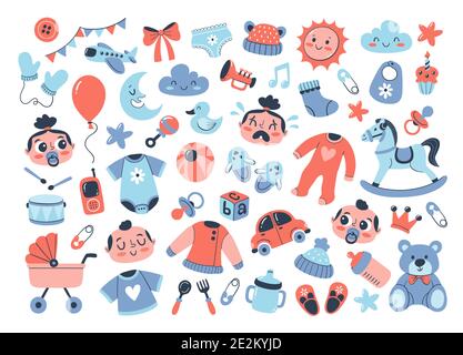 Cute baby and newborn elements isolated on white background. Cartoon baby clothes, toys, babies and care accessories. Stock Vector