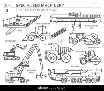 Special industrial construction and road machine linear vector icon set isolated on white. Illustration Stock Vector