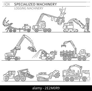 Special industrial logging machine linear vector icon set isolated on white. Illustration Stock Vector