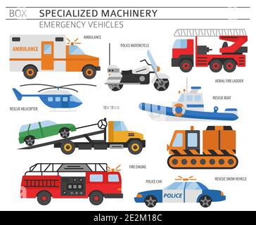 Specialized machines, emergency vehicles colour vector icon set isolated on white. Illustration Stock Vector