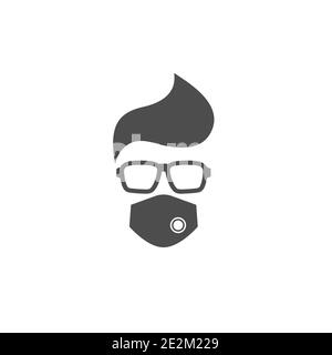 black flat man avatar with sun glasses and medical mask isolated on white. Quarantine avatar. Geek logo. Mouth guard, virus protection, toxic air resp Stock Vector