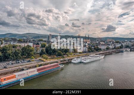 Koblenz, Germany - Aug 1, 2020:Aerial drone shot of Deutsch Eck quai with Florinskirche church view Stock Photo