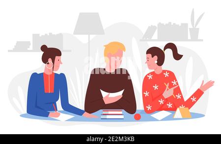 People students study with friends at home vector illustration. Cartoon young man sitting at table with books or textbooks, studying and talking with girls, doing homework together background Stock Vector