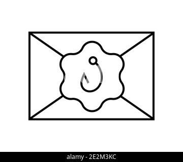 Cybersecurity outline icon. Phishing attack concept. Malicious email with fishing hook. Simple line art isolated illustration Stock Vector