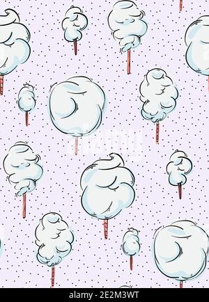 Cotton candy nursery seamless pattern,  color pop background. Childrren wonderland sugar food design, Dessert stick foodie print  violet blue vector Stock Vector