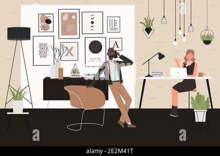 Business people work in office interior vector illustration. Cartoon businessman character talking on phone, young woman employee sitting with laptop at desk, working, showing okay gesture background Stock Vector