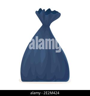 Cartoon black garbage bag. Environment plastic pollution, trash pack with knot, household chores, ecology recycling, industrial rubbish concept. Stock Stock Vector