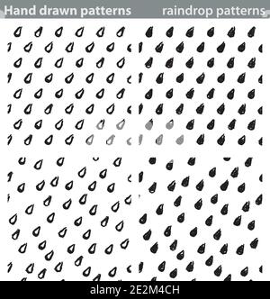 Four different seamless patterns made with hand drawn raindrops. Stock Vector