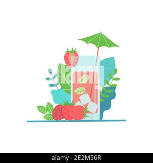 A glass of cocktail with ice cubes, mint leaves and strawberries. Vector illustration Stock Vector