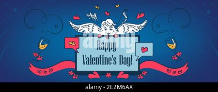 Happy Valentine's Day Facebook page, web site Cover. Angel in Network and Laptop, text for on-line party chat. Vector Illustration, template, Banner, Stock Vector