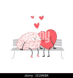 Cartoon Illustration of the Heart and Brain sit on the Bench and Kiss. Heart and Brain are in love hold hands and kiss each other. Happy Valentines Stock Vector
