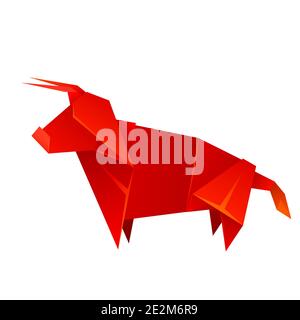 Red origami bull made of paper. The symbol of the Eastern New Year. Polygonal figure of livestock. Strong animal. Vector object for cards, banners and Stock Vector