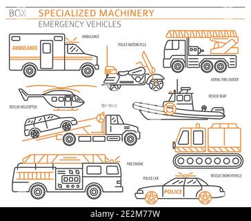 Specialized machines, emergency vehicles linear vector icon set isolated on white. Illustration Stock Vector