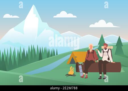 Summer camping vacation vector illustration. Cartoon young couple people sitting by tent and camp fire in campsite, man woman characters spend time together in nature mountain landscape background Stock Vector