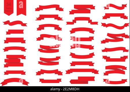 Set of 34 Ribbons in flat style. Vector red banner Ribbons isolated on white background. EPS10 Stock Vector