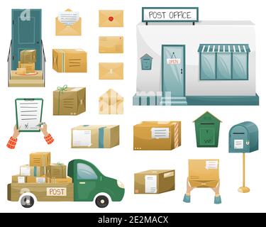 set of Vector illustrations of postal parceles in boxes with a delivery address and envelopes, mailboxes, post office and mail truck. Mail delivery. Stock Vector