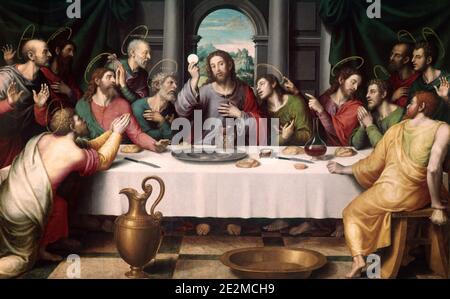 1500s 1560s CHRIST AND HIS APOSTLES PAINTING OF THE LAST SUPPER BY JUAN DE JUANES IN PRADO MADRID SPAIN - ka3608 PLE001 HARS CHRISTIANITY EUCHARIST HOLY COMMUNION SUPPER HOST DE PRADO SACRAMENT SUPPORT DISCIPLES FAITHFUL APOSTLES FAITH THE LAST SUPPER 12 1500s BELIEF LAST OLD FASHIONED TWELVE Stock Photo