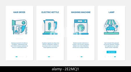 Kitchen appliances electronic devices vector illustration. UX, UI onboarding mobile app page screen set with line electric kettle, laundry washing machine, house lamp, hairdryer household symbols Stock Vector