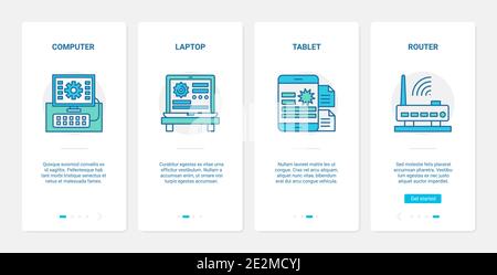 Electronic smart devices technology vector illustration. UX, UI onboarding mobile app page screen tech set with line digital gadgets, computer laptop tablet router equipment symbols for office or home Stock Vector