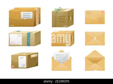 set of Vector illustrations of postal parceles in boxes with a delivery address and envelopes. Mail delivery. Stock Vector