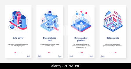Isometric data analytics, analysis digital technology vector illustration. UX, UI onboarding mobile app page screen set with cartoon 3d database server platform with analyzing tools, work of analysts Stock Vector