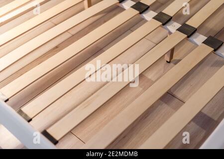 Wooden slats for arthopedic base of double bed. Interior structure of furniture Stock Photo