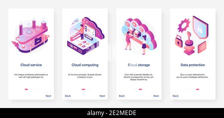 Isometric cloud service data protection digital technology vector illustration. UX, UI onboarding mobile app page screen set with cartoon 3d tech database service, safe computing datacenter connection Stock Vector