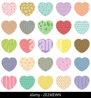 Vector set of pastel gift tags, cute colorful hand drawn illustration, blank label in heart frame with doodle pattern for decoration isolated on white Stock Vector