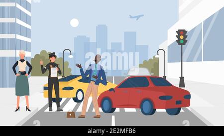 Traffic accident city scene with cars vector illustration. Cartoon cityscape with police officer, two car crash on street road, side collision with vehicles driven by man and woman involved background Stock Vector