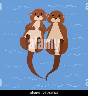 Otter couple resting swims holding by paws in blue river. Cartoon water animal vector illustration. Stock Vector
