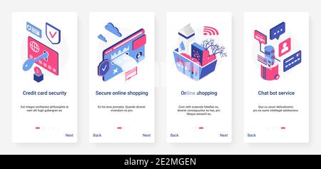 Isometric safe online shopping, security digital technology vector illustration. UX, UI onboarding mobile app page screen set with cartoon 3d shopping services to secure credit card, purchase payment Stock Vector