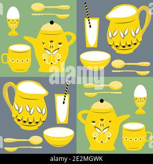 Vector breakfast dishes seamless pattern background. Geometric backdrop with yellow retro country jugs, bowls, spoons, glasses, egg cups with in Stock Vector