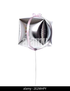 Single big silver gift box balloon present object with pink stripe for birthday or valentines day isolated on white Stock Photo