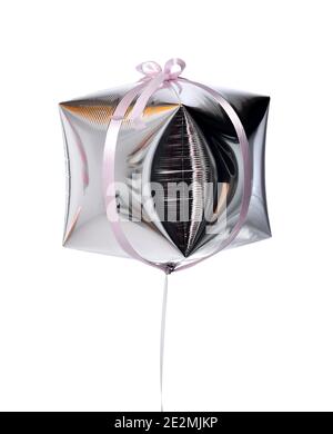 Single big silver gift box balloon present object with pink stripe for birthday or valentines day isolated on white Stock Photo