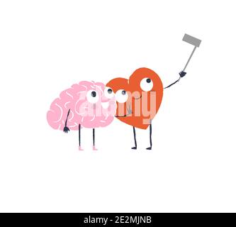 Cartoon Heart and Brain take selfie. Happy Valentines Day Design. Stock Vector