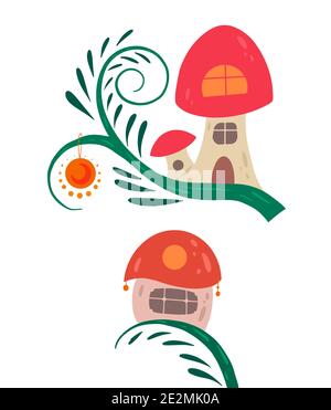 Set of cartoon fairy tale porcini houses on a liana with lanterns for fairies and gnomes on a white background. A fabulous home for little creatures. Stock Vector