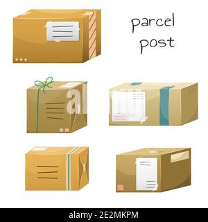 set of Vector illustrations of postal parceles in boxes with a delivery address. Mail delivery. Stock Vector