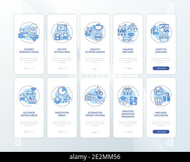 Workspace wellness onboarding mobile app page screen with concepts set Stock Vector