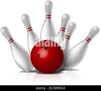 realistic vector bowling icon, isolated on white background, red ball with falling white keggels. Stock Vector