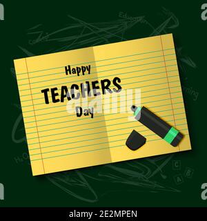 Happy Teachers Day, Note sheet with Felt-tip pen on green background, vector illustration Stock Vector