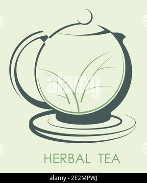 Chinese ceramic teapot icon for tea drinking with young leaves inside. Kitchenware, breakfast utensils. Green color vector Stock Vector