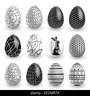 Black white Easter eggs on white background. Vector set for holiday Easter card. Rabbit and ornamental pattern. Stock Vector