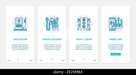 Gps map navigation service vector illustration. UX, UI onboarding mobile app page screen set with line gas station, alert of car transport accident location, traffic lights symbols in phone navigator Stock Vector