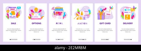 Online shopping, delivery, retail, sales and discounts, gift cards. Mobile app screens, vector website banner template. Stock Vector