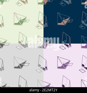 set of seamless patterns with classic and pyramid tea bag. Festive tea party. Ornament for decoration and printing on fabric. Design element. Vector Stock Vector