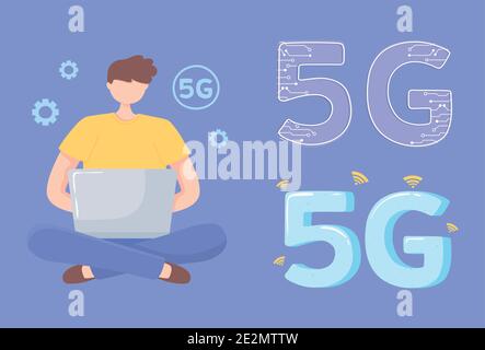 5G network man working behind a laptop cartoon design vector illustration Stock Vector