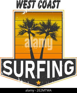 Surfing vintage label. California west coast. Vector illustration for surf board design with modern gradient. Stock Vector